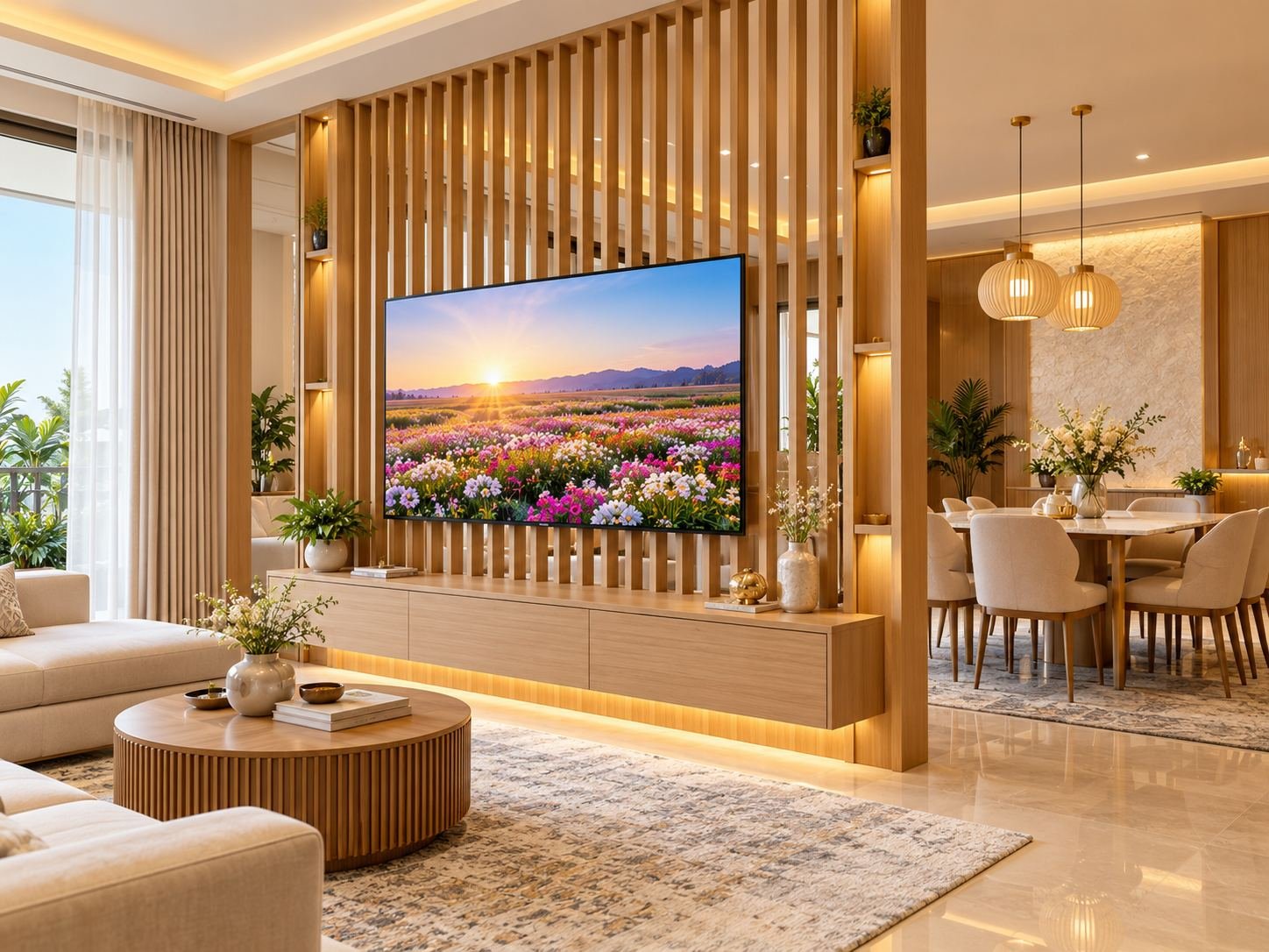 Living room with a TV partition designed by Ajoria Interiors