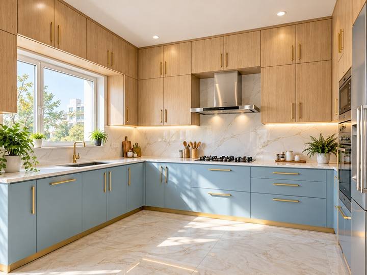 Blue and oak kitchen with gold handles