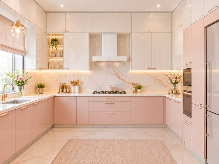 Blush pink U-shaped kitchen