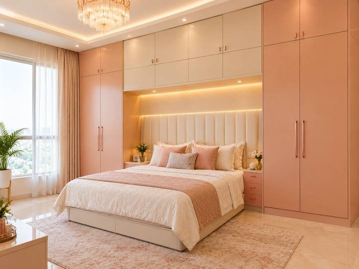 Blush pink wardrobe around the bed