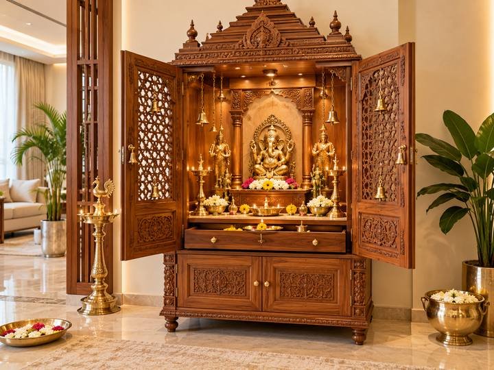 Carved teak mandir