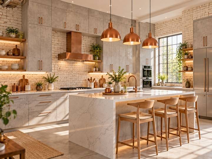 Copper and concrete island kitchen