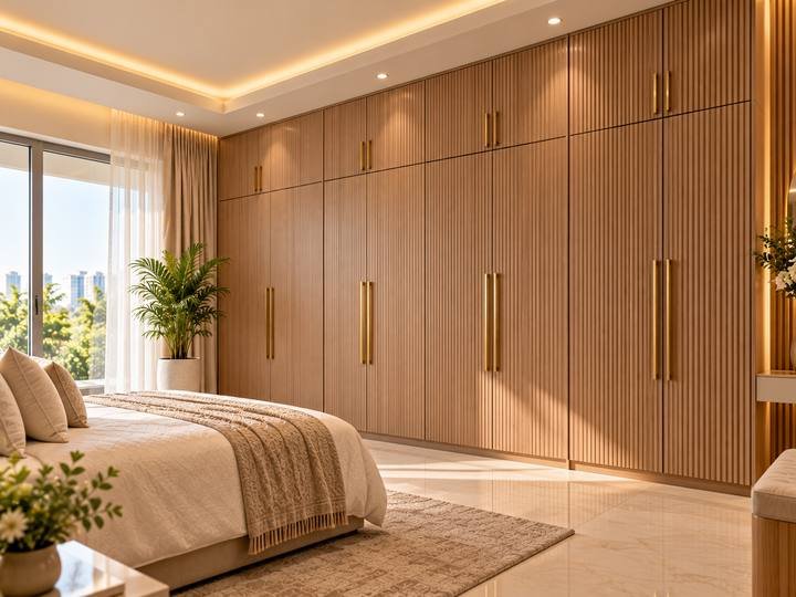 Fluted wood wardrobe