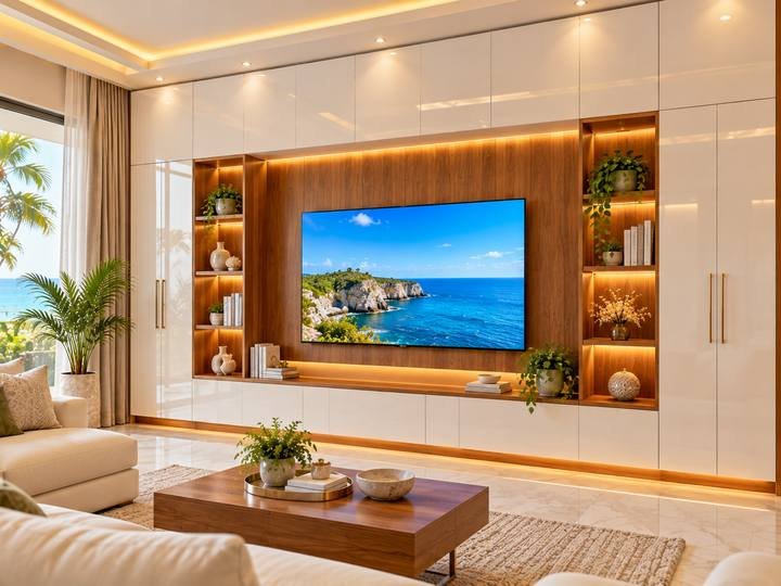 Full-wall TV and storage unit