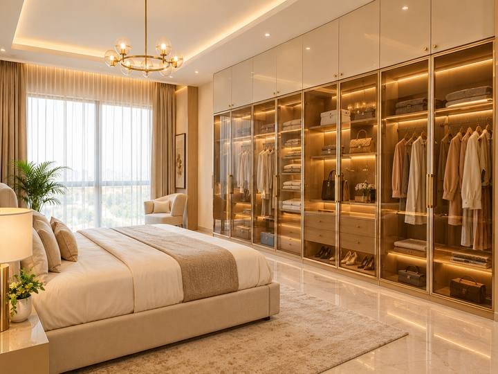 Glass-front wardrobe with lights