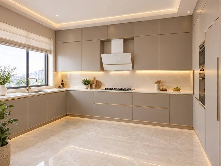 Greige handleless kitchen