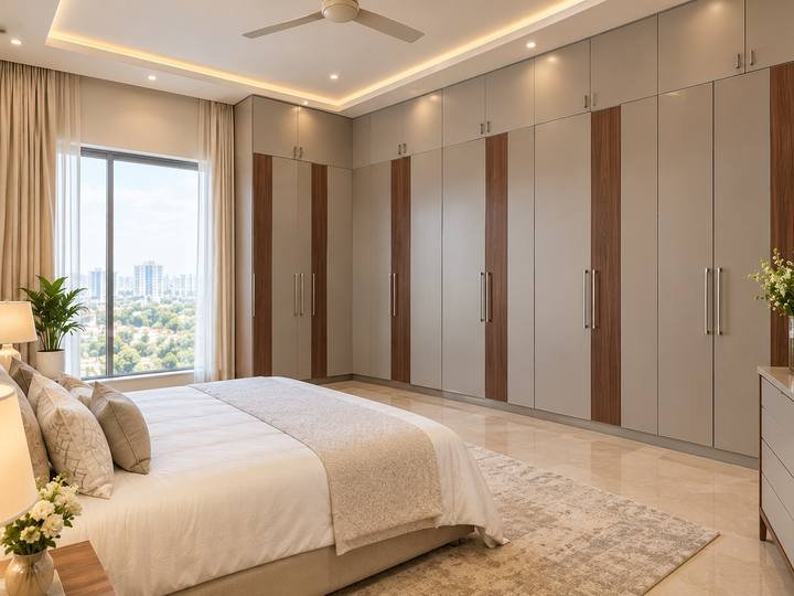 Grey and walnut wardrobe