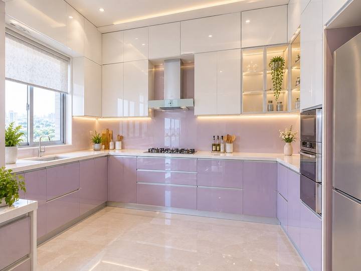 Lavender gloss L-shaped kitchen