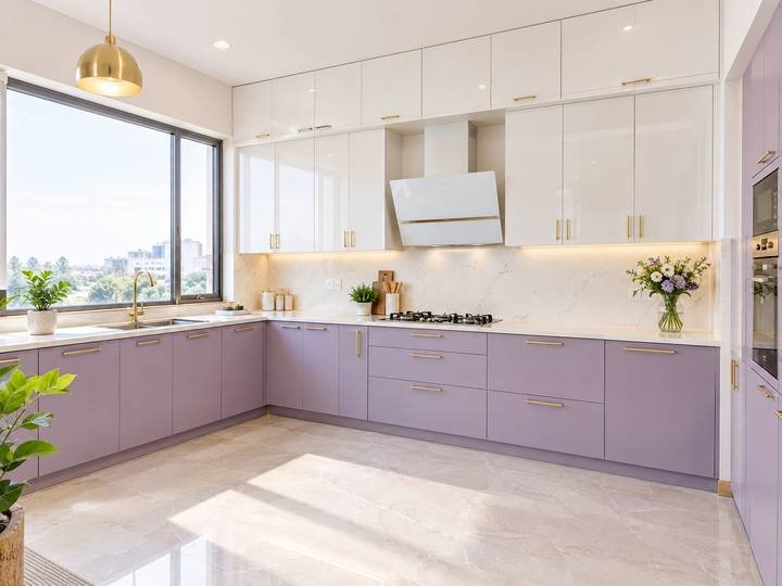 Lavender kitchen with marble backsplash