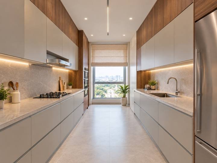 Parallel kitchen in grey and walnut