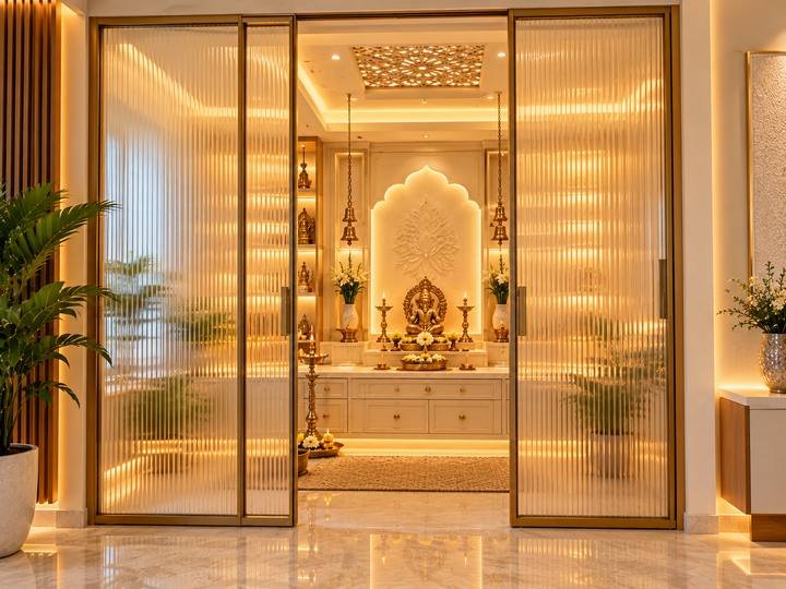 Pooja room with fluted glass doors