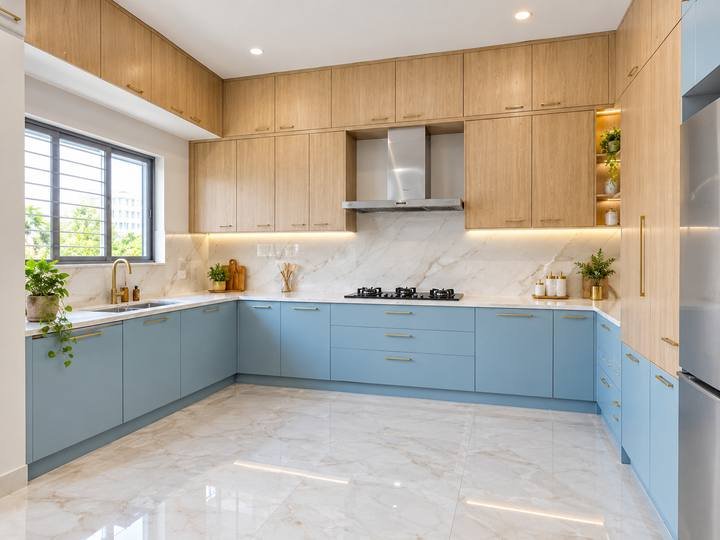 Sky blue and oak L-shaped kitchen