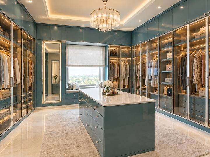 Teal walk-in wardrobe