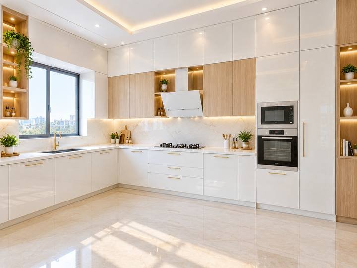 White gloss L-shaped kitchen
