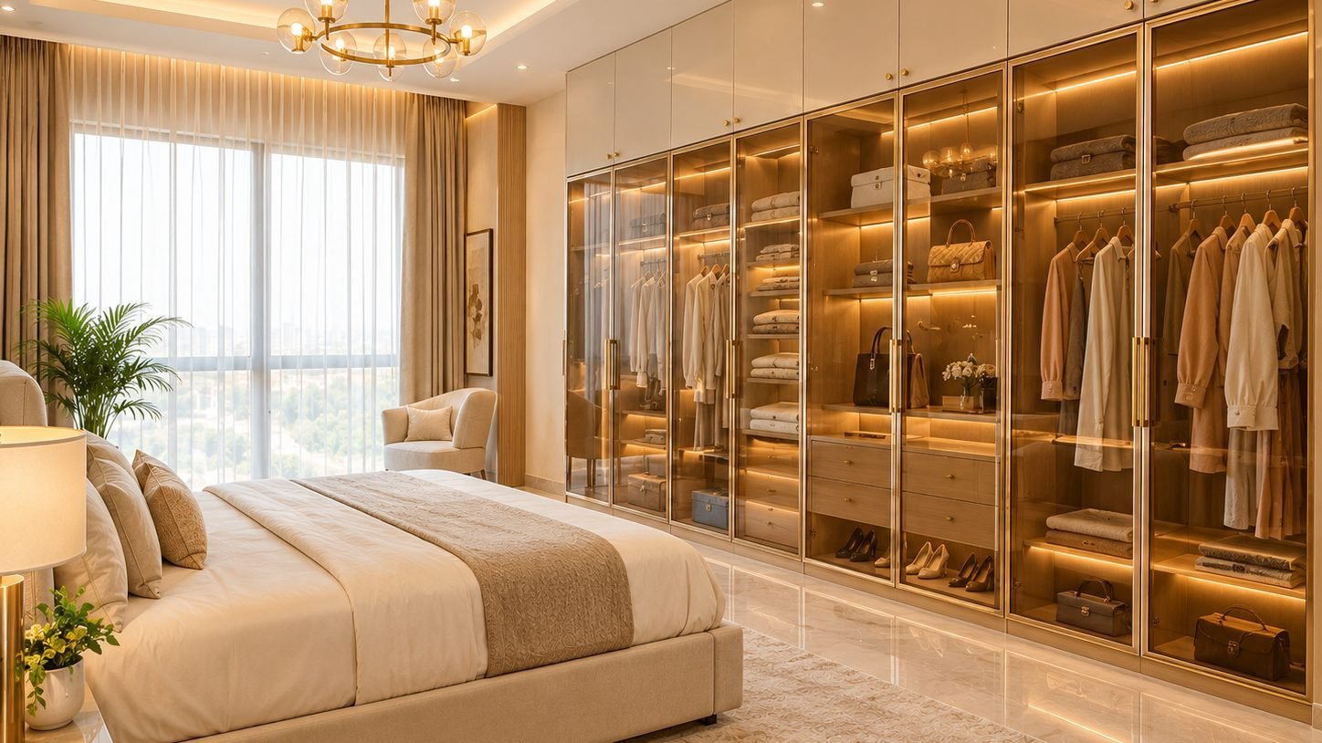 Glass-front wardrobe with lights