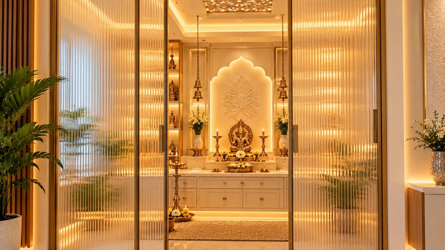 Pooja room with fluted glass doors